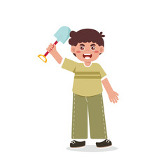 Kids Gardening Holding Shovel Illustrations Bright Flat Design, Great for Posters or Activity Sheets