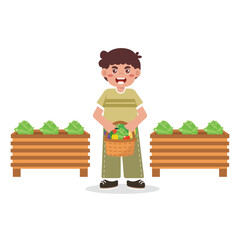 Kids Gardening Holding Basket with fruit and vegetable Illustrations Bright Flat Design, Great for Posters or Activity Sheets