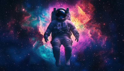 Fototapeta premium A lone astronaut floating in deep space, surrounded by colorful nebulas and distant stars, ethereal and mysterious, space exploration, scifi art