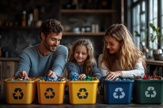 A family sorting recyclables into different bins at home. Concept of lifestyle.
