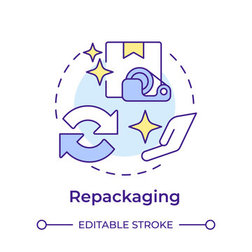 Repackaging multi color concept icon. Reverse logistics type. Changing package for goods. Tape and box. Round shape line illustration. Abstract idea. Graphic design. Easy to use in article