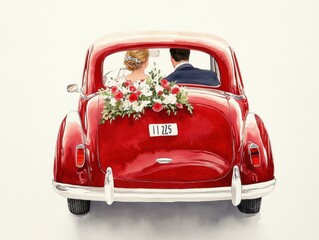 Just married couple leaving for honeymoon in red car watercolor illustration