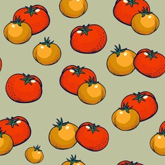 Bright and easy to execute seamless pattern in pop art style. Linear drawing of vegetables with color fill is a modern type of printed art for branding, advertising, summer discounts and sales