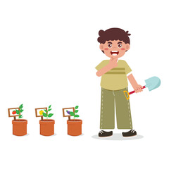 Kids Gardening Holding Shovel Illustrations Bright Flat Design, Great for Posters or Activity Sheets