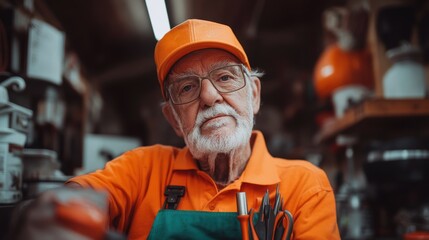 Elderly craftsman wearing orange hat and apron in a workshop surrounded by tools