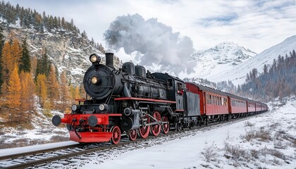 Obraz premium Vintage steam locomotive traveling through a snowy mountain pass, nostalgic and dramatic scene, historical transportation, winter landscape