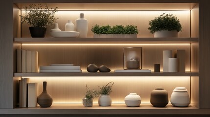 A Modern Wooden Shelving Unit with Decorated with Greenery, Ceramics, and Books