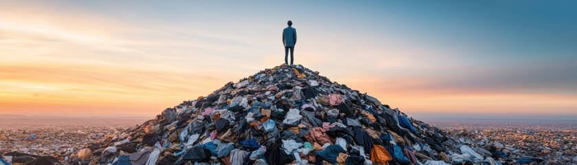 Person standing atop a large pile of garbage at sunset, highlighting environmental pollution issues.