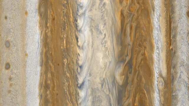 Surface of Planet Jupiter with Gases and Clouds Swirling like Liquid as Strong Winds and Storms Gather Beneath Largest World in Solar System. High Quality 3D Animation ProRes 4K.