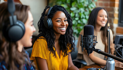 A diverse group of women recording an engaging podcast together  