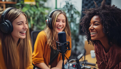 A diverse group of women recording an engaging podcast together  