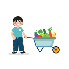 Kids Gardening Pushing Wheelbarrow with fruit and vegetable Illustrations Bright Flat Design, Great for Posters or Activity Sheets