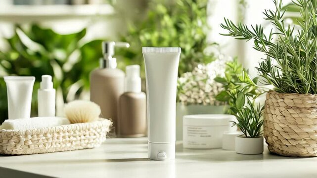 White cosmetic tubes in a modern white bathroom