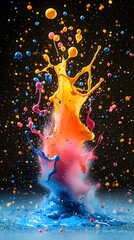 A vibrant explosion of blue, pink, yellow, and orange paint creates a stunning abstract design against a black background.
