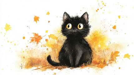 Adorable black cat illustrated in watercolor, featuring a cartoon style that's perfect for Halloween. This hand-drawn illustration captures the playful spirit of the season.