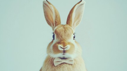 Obraz premium Stock minimalist photography of a rabbit with a gentle smile, wearing a bow tie, positioned on a white background with soft, even studio lighting