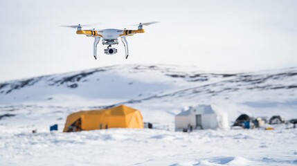 Fototapeta premium Drone Flying Over Snowy Landscape and Tents