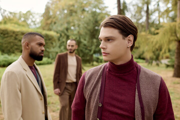 Fototapeta premium Three stylishly dressed men are posing in a tranquil field filled with vibrant autumn colors.