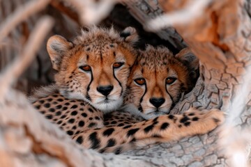 Obraz premium Two playful cheetahs relaxing together in a tree during the golden hour of sunset