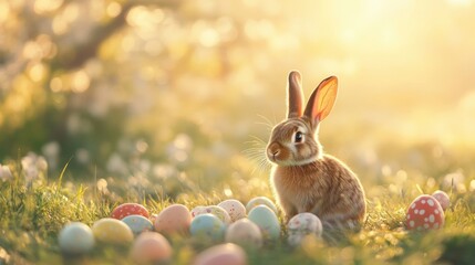 Stock minimalist photography of a happy bunny on a meadow filled with colorful Easter eggs, bathed in warm sunlight for a vibrant spring scene