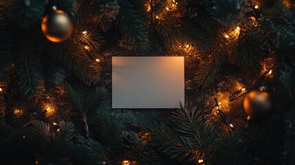 Christmas card lying on dark stone background surrounded by pine branches and fairy lights