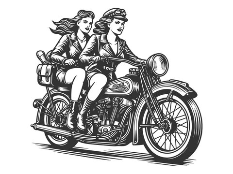 recommend clip art: two women riding vintage motorcycle, adventure, freedom, and classic biker style sketch engraving generative ai fictional character raster illustration. Scratch board imitation. Black and white image.