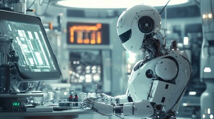 Fototapeta premium Advanced Robot Working at a Console in a Futuristic Laboratory