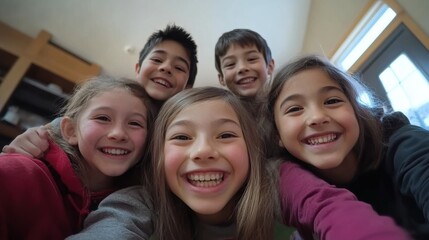 Obraz premium Group of joyful kids, all leaning in and smiling widely toward the camera in a home setting, as seen from their POV during a selfie. Warm, minimal backdrop.