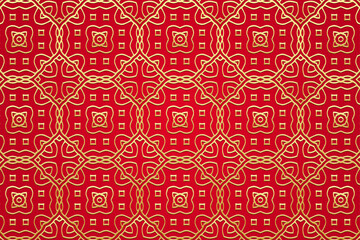 Embossed red background, tribal cover design, banner. Vintage print, geometric elegant stained glass pattern. Ethnic gold ornaments, mandala, arabesques. Traditions of the East, Asia, India.