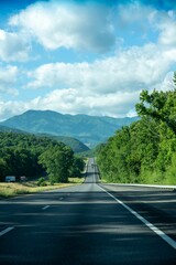 Naklejka premium Picturesque highway stretching into the distance with lush green trees on either side