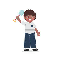 Kids Gardening Holding Shovel Illustrations Bright Flat Design, Great for Posters or Activity Sheets