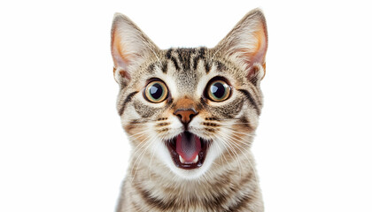 Fototapeta premium A funny and excited cat with a surprised expression, isolated on a white background. 