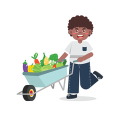 Kids Gardening Pushing Wheelbarrow with fruit and vegetable Illustrations Bright Flat Design, Great for Posters or Activity Sheets