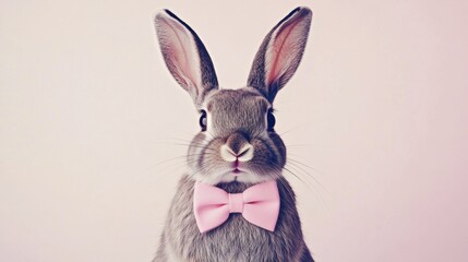 Obraz premium Stock minimalist photography of a rabbit with a gentle smile, wearing a bow tie, positioned on a white background with soft, even studio lighting