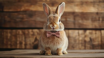 Stock minimalist photography of a bunny wearing a bow tie sitting on a rustic wooden table with soft studio lighting,  a warm and cozy atmosphere