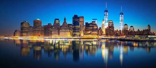 Obraz premium Panoramic view of the vibrant New York skyline at night, showcasing bright lights and skyscrapers reflecting in the water, highlighting the dynamic city life.
