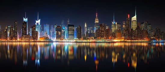 Obraz premium Panoramic view of the vibrant New York skyline at night, showcasing bright lights and skyscrapers reflecting in the water, highlighting the dynamic city life.