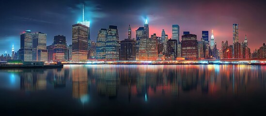 Panoramic view of the vibrant New York skyline at night, showcasing bright lights and skyscrapers reflecting in the water, highlighting the dynamic city life.