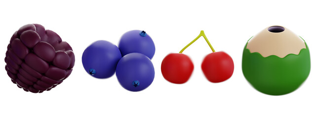 3D icon fruit isolated on the white background. Blackberry, Blueberry, Cherry, Coconut objects.