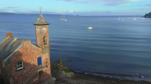 Drone footage of the Spindrift-Kingsand Beach House at Cawsand Bay, southeast Cornwall, UK