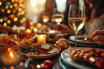 Christmas Day. A candid shot of friends or family members enjoying a holiday meal together, with the table set with festive dishes and drinks.