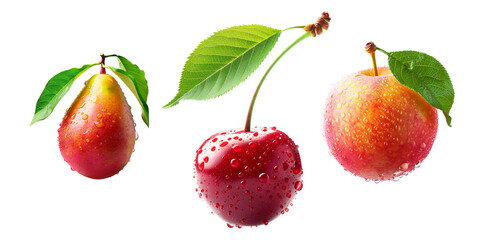Set of peach, pear, cherry or nectarine covered in dew drops, surrounded by green leaves isolated on white background.