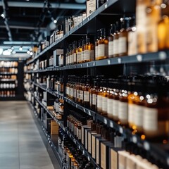 A modern retail space showcasing neatly arranged shelves filled with various glass bottles and packaged products.