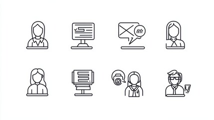 Eight minimalistic icons representing communication and technology in a professional setting.