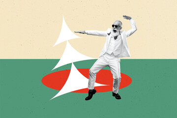 Fototapeta premium Composite photo collage of happy man wear white suit dance new year tree party xmas holiday atmosphere isolated on painted background