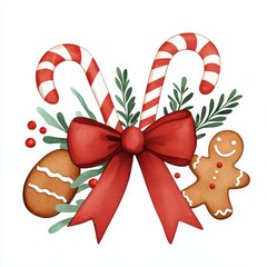 Christmas Candy Cane Gingerbread Man Watercolor Illustration.