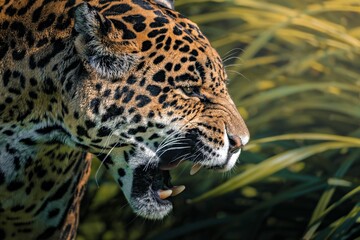 Close-up of a fierce jaguar in the wild. © Wirestock