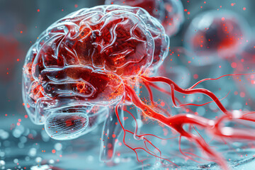 3D illustration showcasing the anatomy of the brain affected by a stroke, with emphasis on the occluded blood vessels and the resulting ischemic damage to surrounding brain tissue