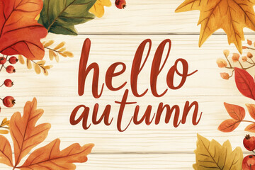 A colorful autumn scene with leaves and berries Watercolor autumn wreath with leaves and berries on a white wood background, text "hello autumn" in a cursive font