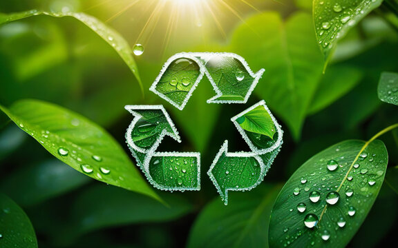 green recycling symbol with water drops on blurred leaves background - Powered by Adobe